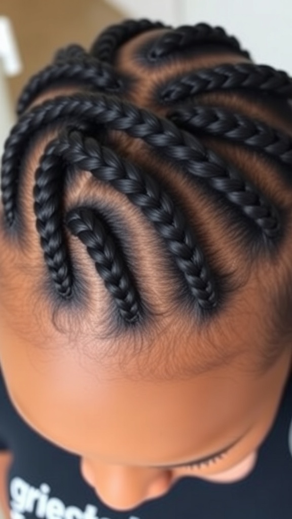 Close-up of six stitch cornrow braids on a person